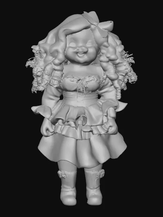 3D model for against a pure white background a plump porcelain doll. The plump doll has bright red orange curly hair. she has very large blue/violet eyes with thick dark eyelashes. her head is thrown back as She is laughing with joy as she sits on a round base. She is wearing a corset type blue satin top with a full ruffled polka-dots skirt. She has cute black boots. and a black bow in her hair.