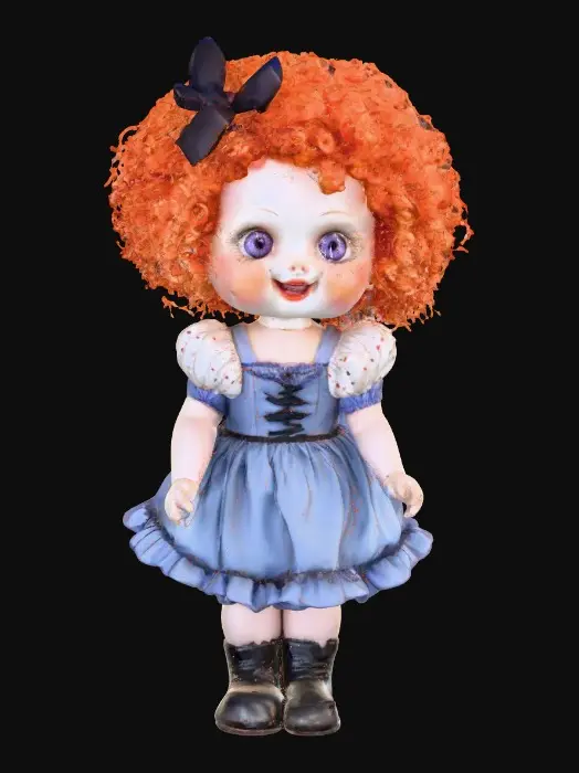 3D model for against a pure white background a plump porcelain doll. The plump doll has bright red orange curly hair. she has very large blue/violet eyes with thick dark eyelashes. her head is thrown back as She is laughing with joy as she sits on a round base. She is wearing a corset type blue satin top with a full ruffled polka-dots skirt. She has cute black boots. and a black bow in her hair.