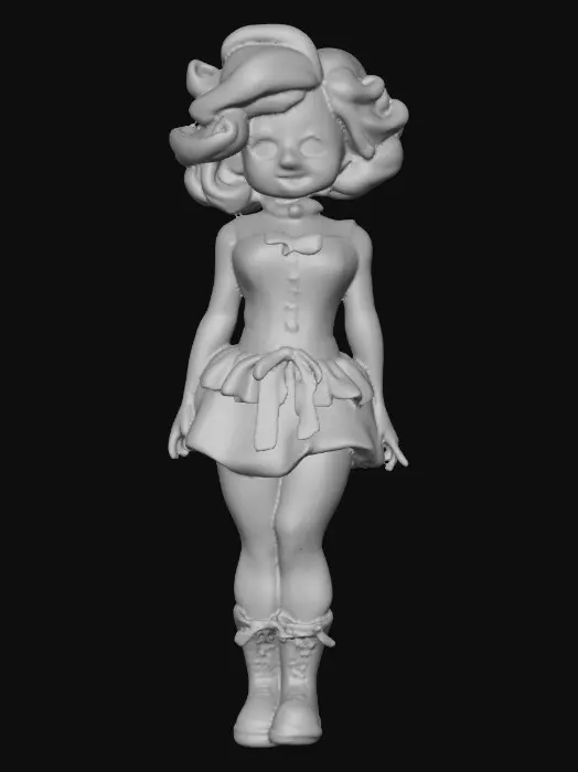 3D model for against a pure white background a plump porcelain doll. The plump doll has bright red orange curly hair. she has very large blue/violet eyes with thick dark eyelashes. her head is thrown back as She is laughing with joy as she sits on a round base. She is wearing a corset type blue satin top with a full ruffled polka-dots skirt. She has cute black boots. and a black bow in her hair.