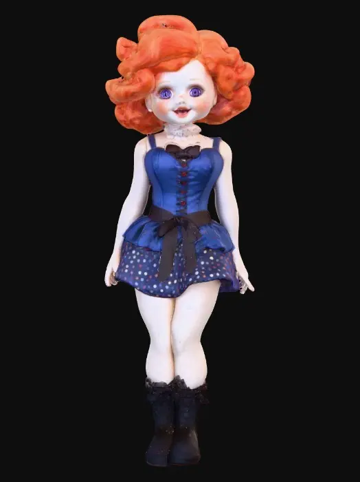 3D model for against a pure white background a plump porcelain doll. The plump doll has bright red orange curly hair. she has very large blue/violet eyes with thick dark eyelashes. her head is thrown back as She is laughing with joy as she sits on a round base. She is wearing a corset type blue satin top with a full ruffled polka-dots skirt. She has cute black boots. and a black bow in her hair.