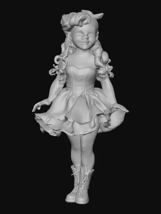 3D model for against a pure white background a plump porcelain doll. The plump doll has bright red orange curly hair. she has very large blue/violet eyes with thick dark eyelashes. her head is thrown back as She is laughing with joy as she sits on a round base. She is wearing a corset type blue satin top with a full ruffled polka-dots skirt. She has cute black boots. and a black bow in her hair.