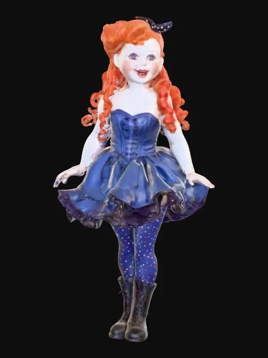 3D model for against a pure white background a plump porcelain doll. The plump doll has bright red orange curly hair. she has very large blue/violet eyes with thick dark eyelashes. her head is thrown back as She is laughing with joy as she sits on a round base. She is wearing a corset type blue satin top with a full ruffled polka-dots skirt. She has cute black boots. and a black bow in her hair.