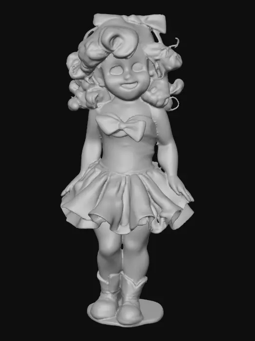 3D model for against a pure white background a plump porcelain doll. The plump doll has bright red orange curly hair. she has very large blue/violet eyes with thick dark eyelashes. her head is thrown back as She is laughing with joy as she sits on a round base. She is wearing a corset type blue satin top with a full ruffled polka-dots skirt. She has cute black boots. and a black bow in her hair.