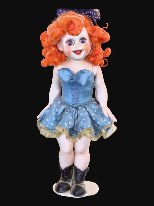 3D model for against a pure white background a plump porcelain doll. The plump doll has bright red orange curly hair. she has very large blue/violet eyes with thick dark eyelashes. her head is thrown back as She is laughing with joy as she sits on a round base. She is wearing a corset type blue satin top with a full ruffled polka-dots skirt. She has cute black boots. and a black bow in her hair.