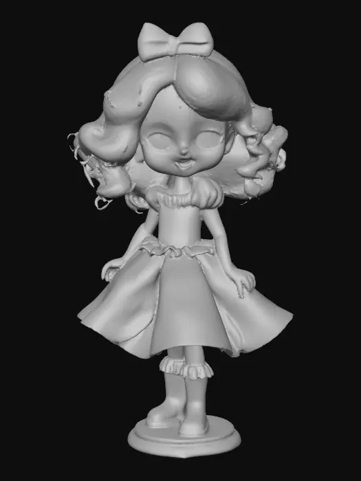 3D model for against a pure white background a plump porcelain doll. The plump doll has bright red orange curly hair. she has very large blue/violet eyes with thick dark eyelashes. her head is thrown back as She is laughing with joy as she sits on a round base. She is wearing a corset type blue satin top with a full ruffled polka-dots skirt. She has cute black boots. and a black bow in her hair.