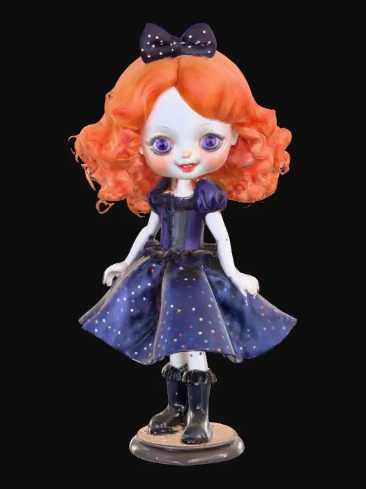 3D model for against a pure white background a plump porcelain doll. The plump doll has bright red orange curly hair. she has very large blue/violet eyes with thick dark eyelashes. her head is thrown back as She is laughing with joy as she sits on a round base. She is wearing a corset type blue satin top with a full ruffled polka-dots skirt. She has cute black boots. and a black bow in her hair.