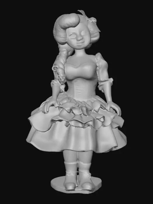 3D model for against a pure white background a plump porcelain doll. The plump doll has bright red orange curly hair. she has very large blue/violet eyes with thick dark eyelashes. her head is thrown back as She is laughing with joy as she sits on a round base. She is wearing a corset type blue satin top with a full ruffled polka-dots skirt. She has cute black boots. and a black bow in her hair.