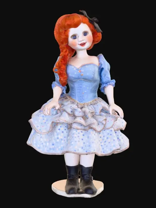 3D model for against a pure white background a plump porcelain doll. The plump doll has bright red orange curly hair. she has very large blue/violet eyes with thick dark eyelashes. her head is thrown back as She is laughing with joy as she sits on a round base. She is wearing a corset type blue satin top with a full ruffled polka-dots skirt. She has cute black boots. and a black bow in her hair.