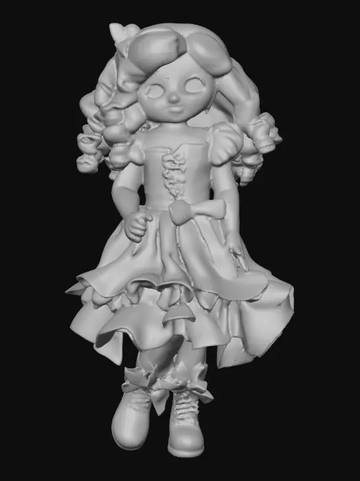 3D model for against a pure white background a plump porcelain doll. The plump doll has bright red orange curly hair. she has very large blue/violet eyes with thick dark eyelashes. her head is thrown back as She is laughing with joy as she sits on a round base. She is wearing a corset type blue satin top with a full ruffled polka-dots skirt. She has cute black boots. and a black bow in her hair.