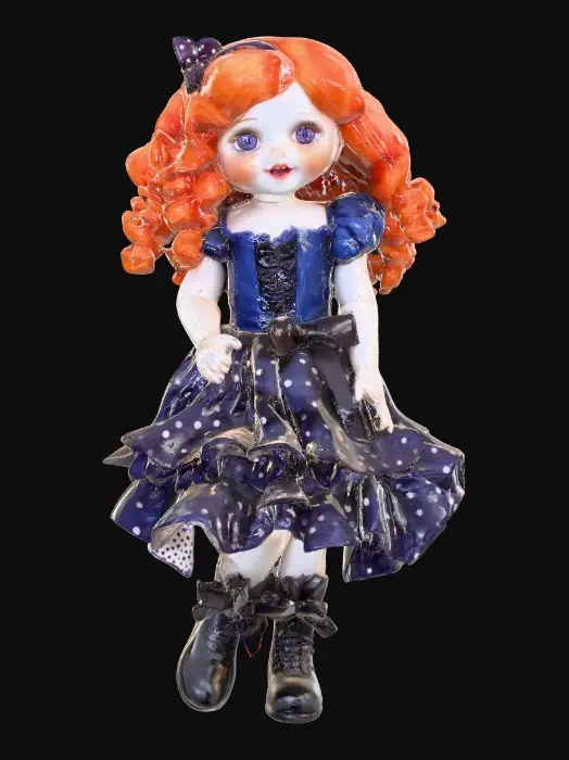 3D model for against a pure white background a plump porcelain doll. The plump doll has bright red orange curly hair. she has very large blue/violet eyes with thick dark eyelashes. her head is thrown back as She is laughing with joy as she sits on a round base. She is wearing a corset type blue satin top with a full ruffled polka-dots skirt. She has cute black boots. and a black bow in her hair.