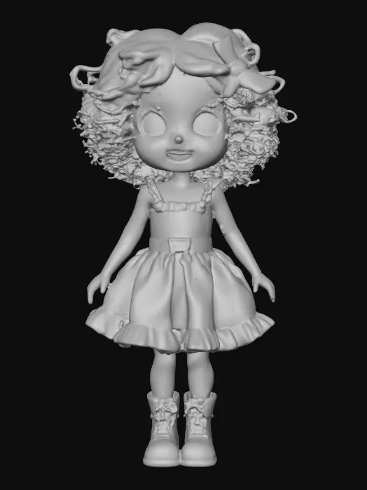 3D model for against a pure white background a plump porcelain doll. The plump doll has bright red orange curly hair. she has very large blue/violet eyes with thick dark eyelashes. her head is thrown back as She is laughing with joy as she sits on a round base. She is wearing a corset type blue satin top with a full ruffled polka-dots skirt. She has cute black boots. and a black bow in her hair.