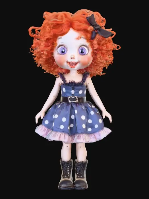 3D model for against a pure white background a plump porcelain doll. The plump doll has bright red orange curly hair. she has very large blue/violet eyes with thick dark eyelashes. her head is thrown back as She is laughing with joy as she sits on a round base. She is wearing a corset type blue satin top with a full ruffled polka-dots skirt. She has cute black boots. and a black bow in her hair.