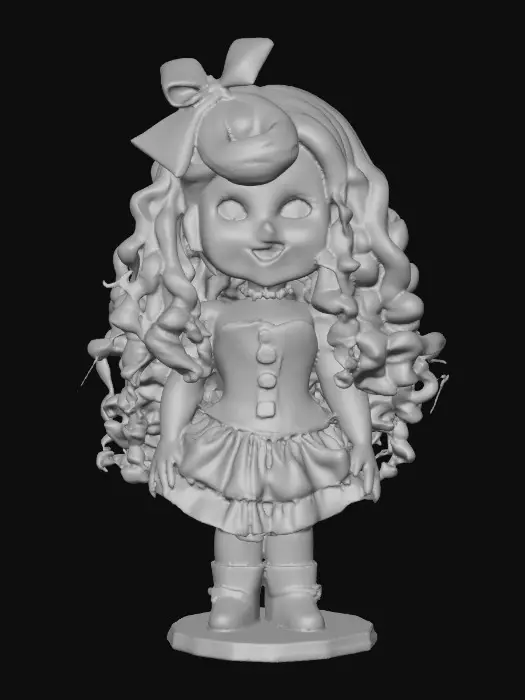 3D model for against a pure white background a plump porcelain doll. The plump doll has bright red orange curly hair. she has very large blue/violet eyes with thick dark eyelashes. her head is thrown back as She is laughing with joy as she sits on a round base. She is wearing a corset type blue satin top with a full ruffled polka-dots skirt. She has cute black boots. and a black bow in her hair.