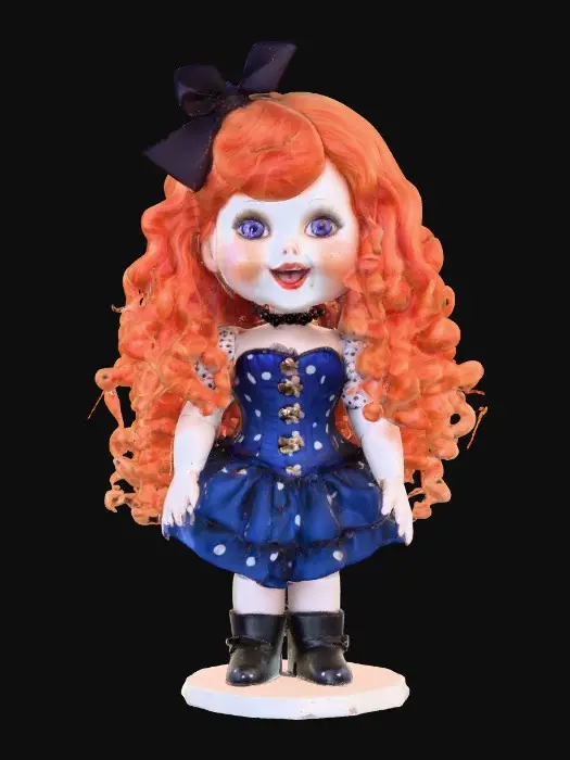 3D model for against a pure white background a plump porcelain doll. The plump doll has bright red orange curly hair. she has very large blue/violet eyes with thick dark eyelashes. her head is thrown back as She is laughing with joy as she sits on a round base. She is wearing a corset type blue satin top with a full ruffled polka-dots skirt. She has cute black boots. and a black bow in her hair.