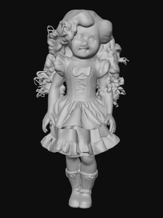 3D model for against a pure white background a plump porcelain doll. The plump doll has bright red orange curly hair. she has very large blue/violet eyes with thick dark eyelashes. her head is thrown back as She is laughing with joy as she sits on a round base. She is wearing a corset type blue satin top with a full ruffled polka-dots skirt. She has cute black boots. and a black bow in her hair.
