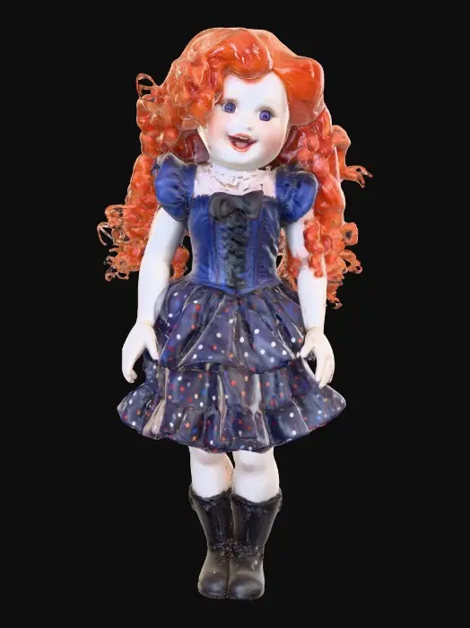 3D model for against a pure white background a plump porcelain doll. The plump doll has bright red orange curly hair. she has very large blue/violet eyes with thick dark eyelashes. her head is thrown back as She is laughing with joy as she sits on a round base. She is wearing a corset type blue satin top with a full ruffled polka-dots skirt. She has cute black boots. and a black bow in her hair.
