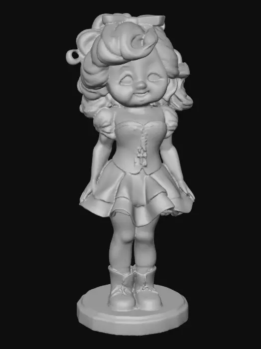 3D model for against a pure white background a plump porcelain doll. The plump doll has bright red orange curly hair. she has very large blue/violet eyes with thick dark eyelashes. her head is thrown back as She is laughing with joy as she sits on a round base. She is wearing a corset type blue satin top with a full ruffled polka-dots skirt. She has cute black boots. and a black bow in her hair.