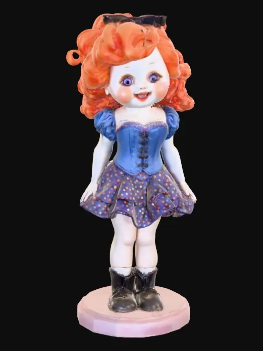3D model for against a pure white background a plump porcelain doll. The plump doll has bright red orange curly hair. she has very large blue/violet eyes with thick dark eyelashes. her head is thrown back as She is laughing with joy as she sits on a round base. She is wearing a corset type blue satin top with a full ruffled polka-dots skirt. She has cute black boots. and a black bow in her hair.