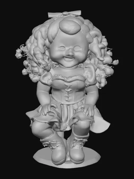 3D model for against a pure white background a plump porcelain doll. The plump doll has bright red orange curly hair. she has very large blue/violet eyes with thick dark eyelashes. her head is thrown back as She is laughing with joy as she sits on a round base. She is wearing a corset type blue satin top with a full ruffled polka-dots skirt. She has cute black boots. and a black bow in her hair.