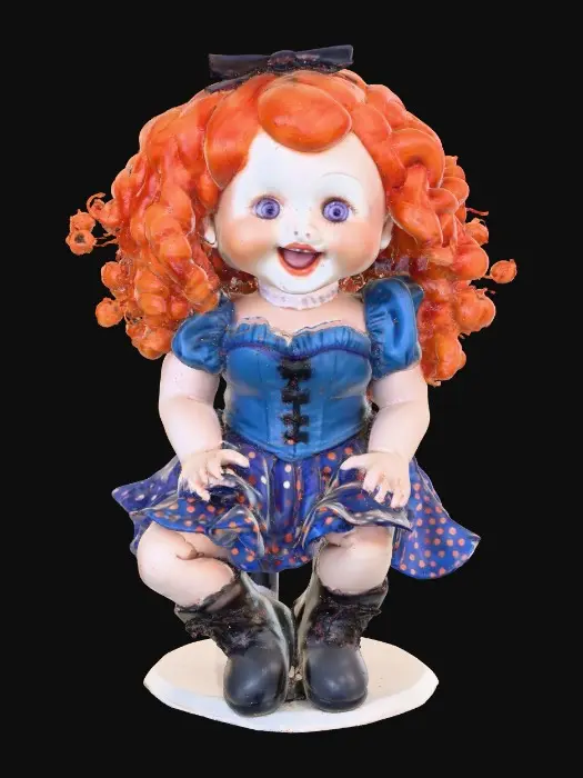 3D model for against a pure white background a plump porcelain doll. The plump doll has bright red orange curly hair. she has very large blue/violet eyes with thick dark eyelashes. her head is thrown back as She is laughing with joy as she sits on a round base. She is wearing a corset type blue satin top with a full ruffled polka-dots skirt. She has cute black boots. and a black bow in her hair.