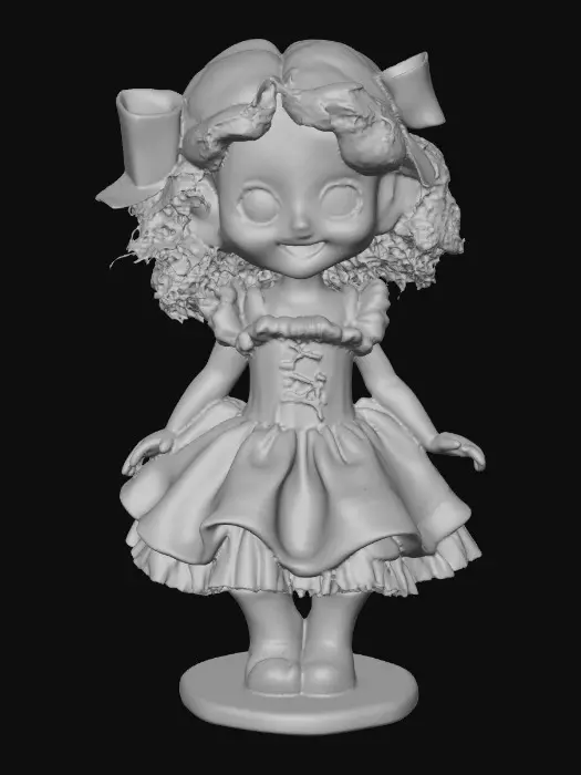 3D model for against a pure white background a plump porcelain doll. The plump doll has bright red orange curly hair. she has very large blue/violet eyes with thick dark eyelashes. her head is thrown back as She is laughing with joy as she sits on a round base. She is wearing a corset type blue satin top with a full ruffled polka-dots skirt. She has cute black boots. and a black bow in her hair.