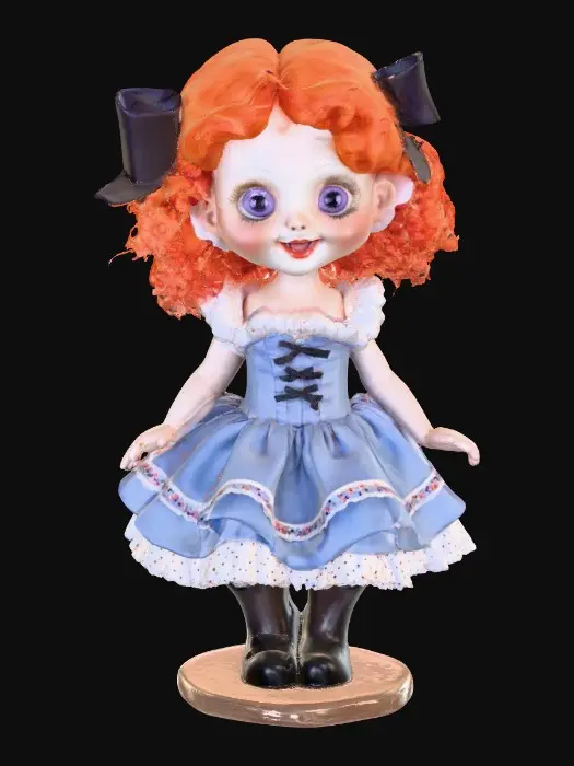 3D model for against a pure white background a plump porcelain doll. The plump doll has bright red orange curly hair. she has very large blue/violet eyes with thick dark eyelashes. her head is thrown back as She is laughing with joy as she sits on a round base. She is wearing a corset type blue satin top with a full ruffled polka-dots skirt. She has cute black boots. and a black bow in her hair.