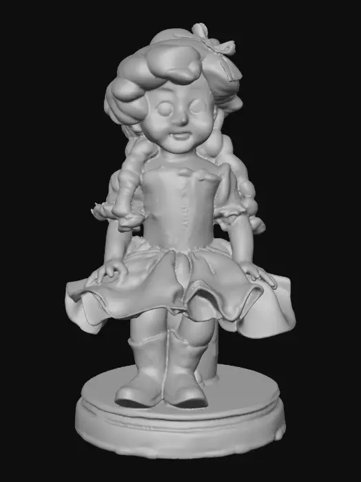 3D model for against a pure white background a plump porcelain doll. The plump doll has bright red orange curly hair. she has very large blue/violet eyes with thick dark eyelashes. her head is thrown back as She is laughing with joy as she sits on a round base. She is wearing a corset type blue satin top with a full ruffled polka-dots skirt. She has cute black boots. and a black bow in her hair.