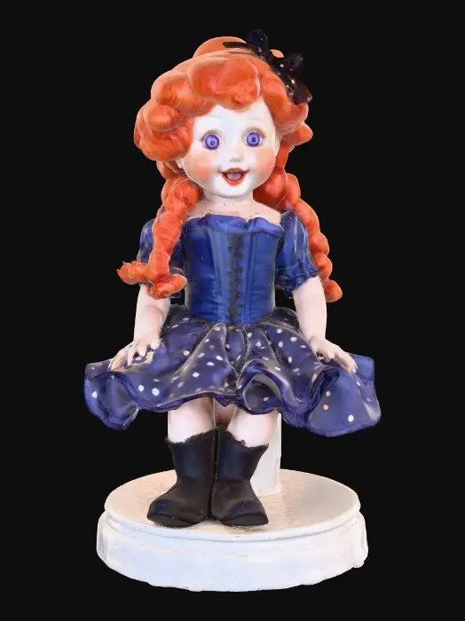 3D model for against a pure white background a plump porcelain doll. The plump doll has bright red orange curly hair. she has very large blue/violet eyes with thick dark eyelashes. her head is thrown back as She is laughing with joy as she sits on a round base. She is wearing a corset type blue satin top with a full ruffled polka-dots skirt. She has cute black boots. and a black bow in her hair.