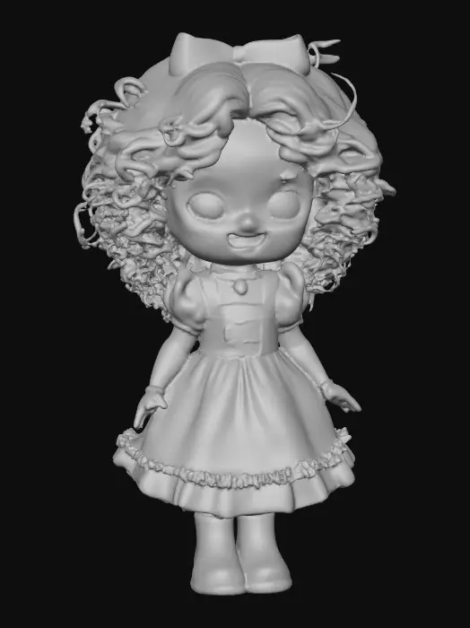 3D model for against a pure white background a plump porcelain doll. The plump doll has bright red orange curly hair. she has very large blue/violet eyes with thick dark eyelashes. her head is thrown back as She is laughing with joy as she sits on a round base. She is wearing a corset type blue satin top with a full ruffled polka-dots skirt. She has cute black boots. and a black bow in her hair.