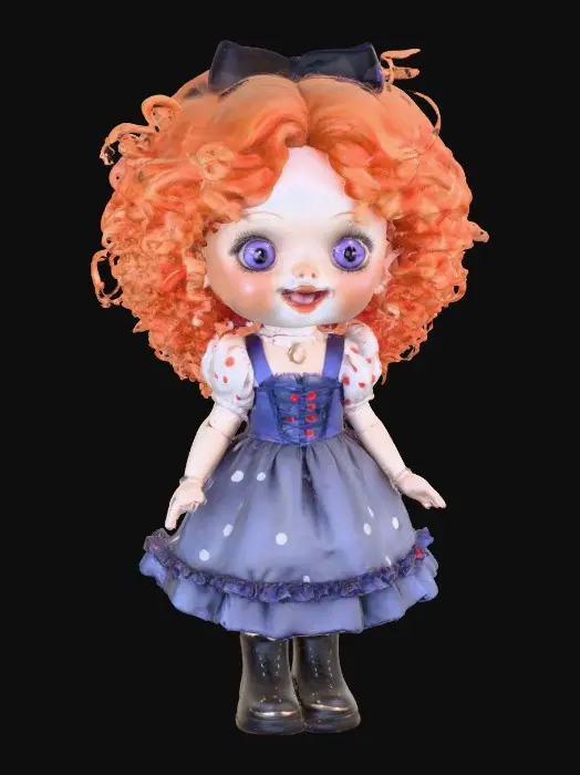 3D model for against a pure white background a plump porcelain doll. The plump doll has bright red orange curly hair. she has very large blue/violet eyes with thick dark eyelashes. her head is thrown back as She is laughing with joy as she sits on a round base. She is wearing a corset type blue satin top with a full ruffled polka-dots skirt. She has cute black boots. and a black bow in her hair.