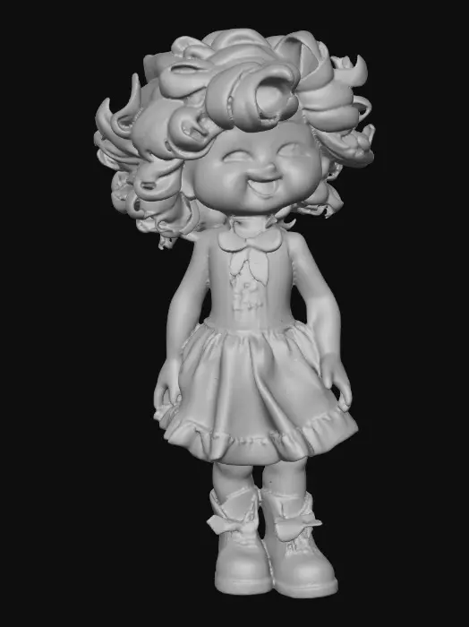 3D model for against a pure white background a plump porcelain doll. The plump doll has bright red orange curly hair. she has very large blue/violet eyes with thick dark eyelashes. her head is thrown back as She is laughing with joy as she sits on a round base. She is wearing a corset type blue satin top with a full ruffled polka-dots skirt. She has cute black boots. and a black bow in her hair.