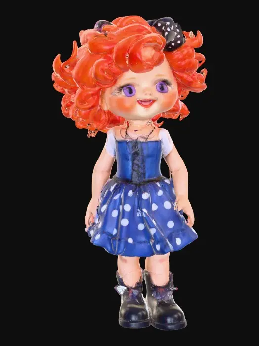 3D model for against a pure white background a plump porcelain doll. The plump doll has bright red orange curly hair. she has very large blue/violet eyes with thick dark eyelashes. her head is thrown back as She is laughing with joy as she sits on a round base. She is wearing a corset type blue satin top with a full ruffled polka-dots skirt. She has cute black boots. and a black bow in her hair.