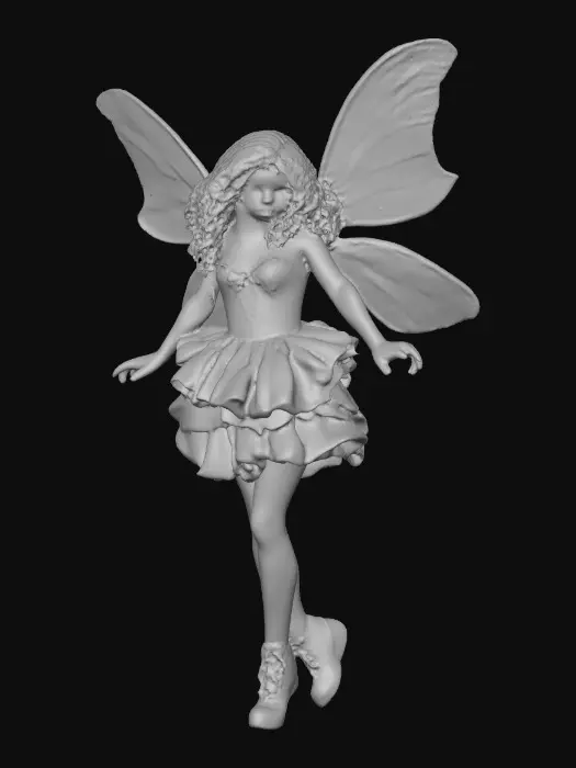3D model for A plump busty risqué Hispanic fairy dances joyfully laughing holding a flower. Fantasy creation. Detailed porcelain wings. Expressive deep brown eyes. Thick curly black hair. Luxurious ruffled skirt. Thigh high black leather lace up boots. Whimsical  atmosphere masterpiece