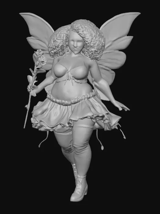 3D model for A plump busty risqué Hispanic fairy dances joyfully laughing holding a flower. Fantasy creation. Detailed porcelain wings. Expressive deep brown eyes. Thick curly black hair. Luxurious ruffled skirt. Thigh high black leather lace up boots. Whimsical  atmosphere masterpiece