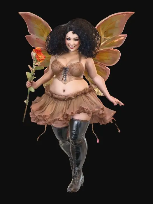 3D model for A plump busty risqué Hispanic fairy dances joyfully laughing holding a flower. Fantasy creation. Detailed porcelain wings. Expressive deep brown eyes. Thick curly black hair. Luxurious ruffled skirt. Thigh high black leather lace up boots. Whimsical  atmosphere masterpiece