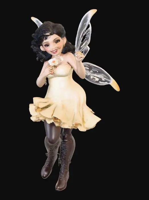 3D model for A plump busty risqué Hispanic fairy dances joyfully laughing holding a flower. Fantasy creation. Detailed porcelain wings. Expressive deep brown eyes. Thick curly black hair. Luxurious ruffled skirt. Thigh high black leather lace up boots. Whimsical  atmosphere masterpiece