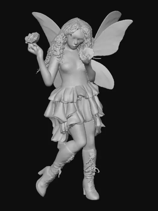 3D model for A plump busty risqué Hispanic fairy dances joyfully laughing holding a flower. Fantasy creation. Detailed porcelain wings. Expressive deep brown eyes. Thick curly black hair. Luxurious ruffled skirt. Thigh high black leather lace up boots. Whimsical  atmosphere masterpiece
