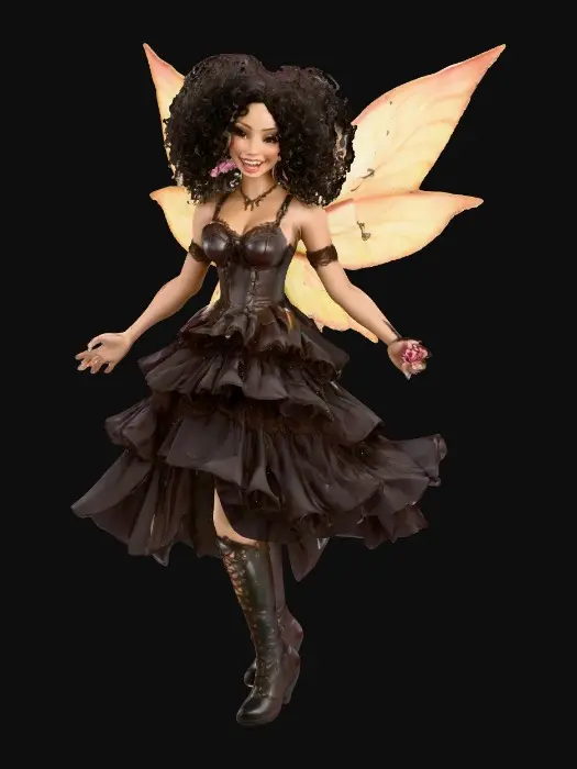 3D model for A plump busty risqué Hispanic fairy dances joyfully laughing holding a flower. Fantasy creation. Detailed porcelain wings. Expressive deep brown eyes. Thick curly black hair. Luxurious ruffled skirt. Thigh high black leather lace up boots. Whimsical  atmosphere masterpiece