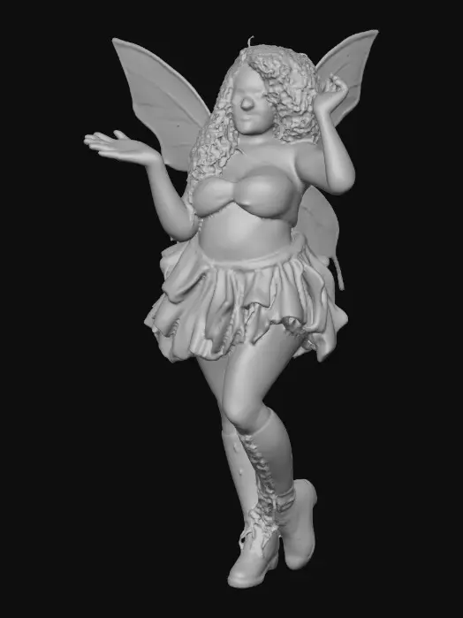 3D model for A plump busty risqué Hispanic fairy dances joyfully laughing holding a flower. Fantasy creation. Detailed porcelain wings. Expressive deep brown eyes. Thick curly black hair. Luxurious ruffled skirt. Thigh high black leather lace up boots. Whimsical  atmosphere masterpiece