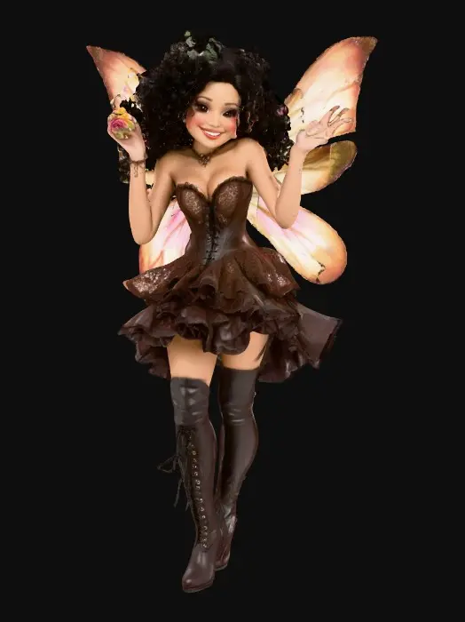 3D model for A plump busty risqué Hispanic fairy dances joyfully laughing holding a flower. Fantasy creation. Detailed porcelain wings. Expressive deep brown eyes. Thick curly black hair. Luxurious ruffled skirt. Thigh high black leather lace up boots. Whimsical  atmosphere masterpiece