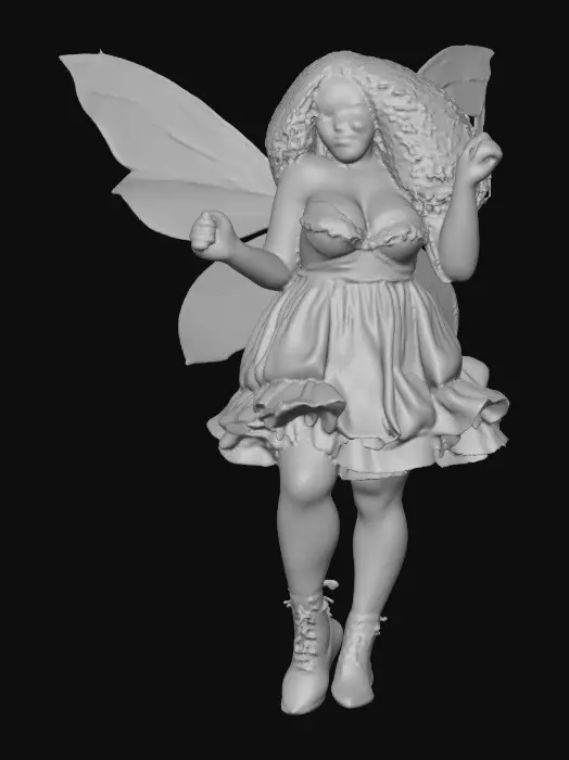 3D model for A plump busty risqué Hispanic fairy dances joyfully laughing holding a flower. Fantasy creation. Detailed porcelain wings. Expressive deep brown eyes. Thick curly black hair. Luxurious ruffled skirt. Thigh high black leather lace up boots. Whimsical  atmosphere masterpiece