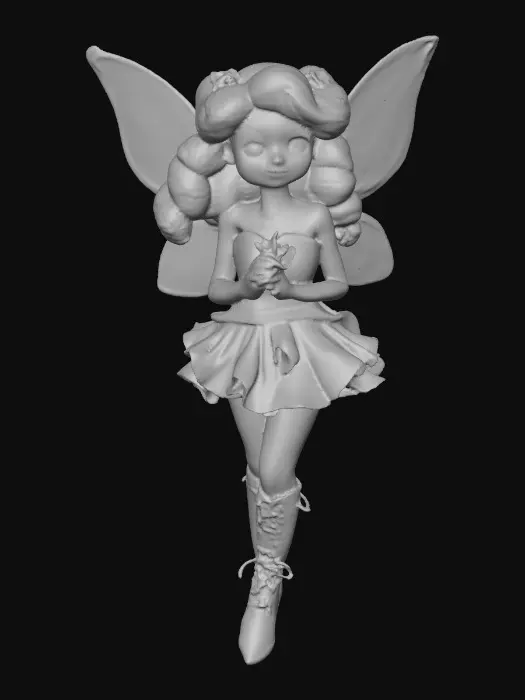 3D model for A plump busty risqué Hispanic fairy dances joyfully laughing holding a flower. Fantasy creation. Detailed porcelain wings. Expressive deep brown eyes. Thick curly black hair. Luxurious ruffled skirt. Thigh high black leather lace up boots. Whimsical  atmosphere masterpiece