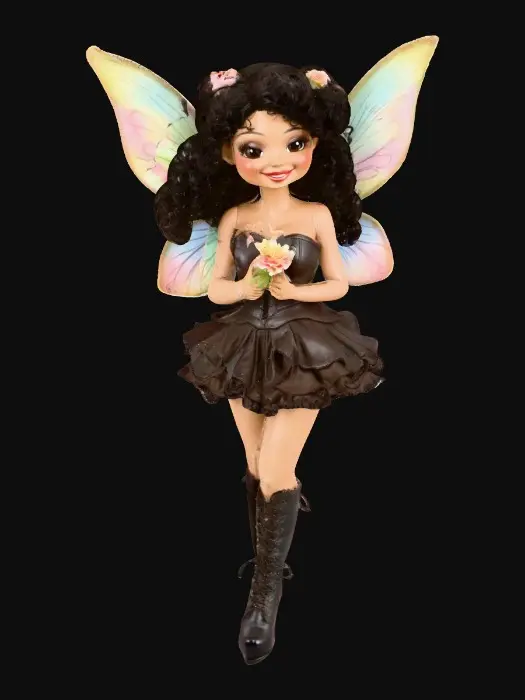 3D model for A plump busty risqué Hispanic fairy dances joyfully laughing holding a flower. Fantasy creation. Detailed porcelain wings. Expressive deep brown eyes. Thick curly black hair. Luxurious ruffled skirt. Thigh high black leather lace up boots. Whimsical  atmosphere masterpiece