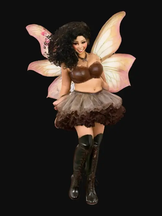 3D model for A plump busty risqué Hispanic fairy dances joyfully laughing holding a flower. Fantasy creation. Detailed porcelain wings. Expressive deep brown eyes. Thick curly black hair. Luxurious ruffled skirt. Thigh high black leather lace up boots. Whimsical  atmosphere masterpiece