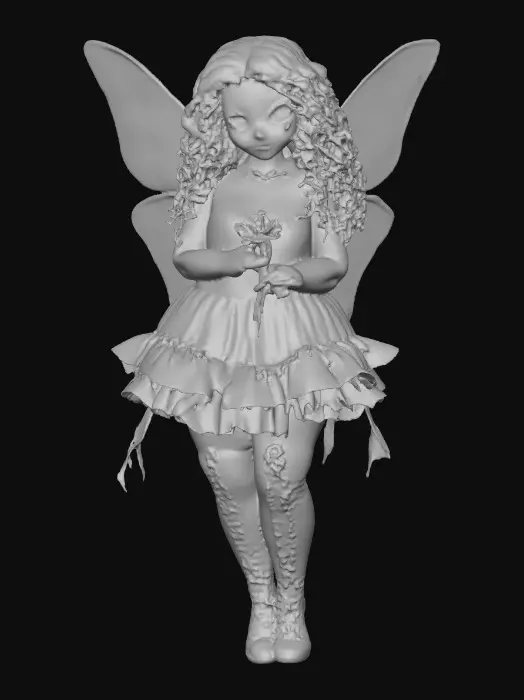 3D model for A plump busty risqué Hispanic fairy dances joyfully laughing holding a flower. Fantasy creation. Detailed porcelain wings. Expressive deep brown eyes. Thick curly black hair. Luxurious ruffled skirt. Thigh high black leather lace up boots. Whimsical  atmosphere masterpiece