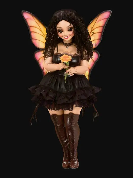 3D model for A plump busty risqué Hispanic fairy dances joyfully laughing holding a flower. Fantasy creation. Detailed porcelain wings. Expressive deep brown eyes. Thick curly black hair. Luxurious ruffled skirt. Thigh high black leather lace up boots. Whimsical  atmosphere masterpiece