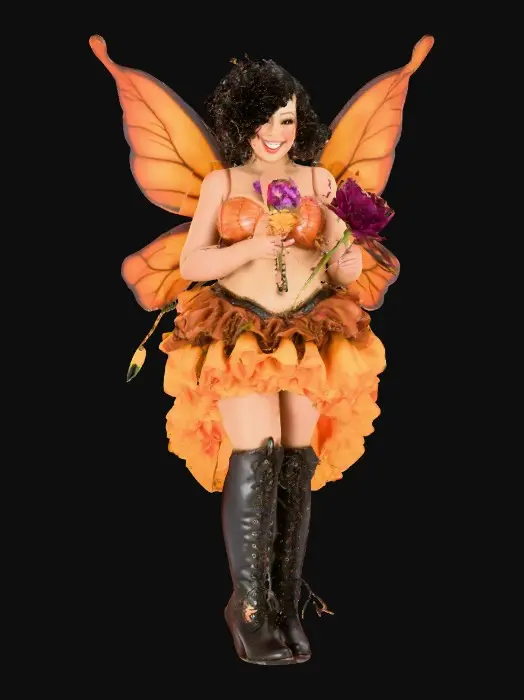 3D model for A plump busty risqué Hispanic fairy dances joyfully laughing holding a flower. Fantasy creation. Detailed porcelain wings. Expressive deep brown eyes. Thick curly black hair. Luxurious ruffled skirt. Thigh high black leather lace up boots. Whimsical  atmosphere masterpiece