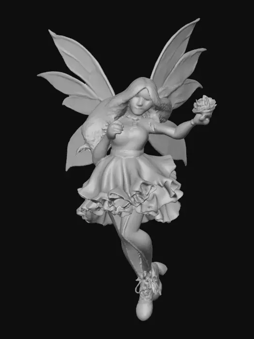 3D model for A plump busty risqué Hispanic fairy dances joyfully laughing holding a flower. Fantasy creation. Detailed porcelain wings. Expressive deep brown eyes. Thick curly black hair. Luxurious ruffled skirt. Thigh high black leather lace up boots. Whimsical  atmosphere masterpiece
