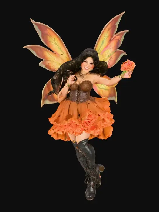 3D model for A plump busty risqué Hispanic fairy dances joyfully laughing holding a flower. Fantasy creation. Detailed porcelain wings. Expressive deep brown eyes. Thick curly black hair. Luxurious ruffled skirt. Thigh high black leather lace up boots. Whimsical  atmosphere masterpiece