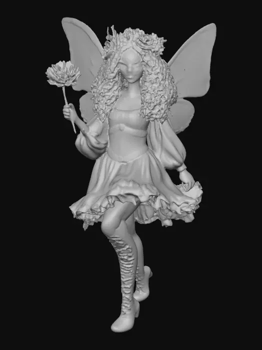 3D model for Sugar skull Catrina fairy dances joyfully laughing holding a flower. Fantasy creation. Detailed porcelain wings.  Thick curly black hair. Luxurious blouse and skirt. Stockings and garters. Thigh high black leather lace up boots. Bright vivid colors. Whimsical  atmosphere masterpiece
